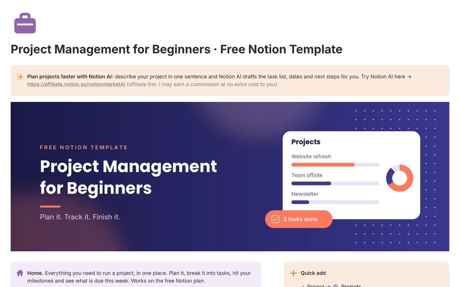 Project Management for Beginners Notion template home page