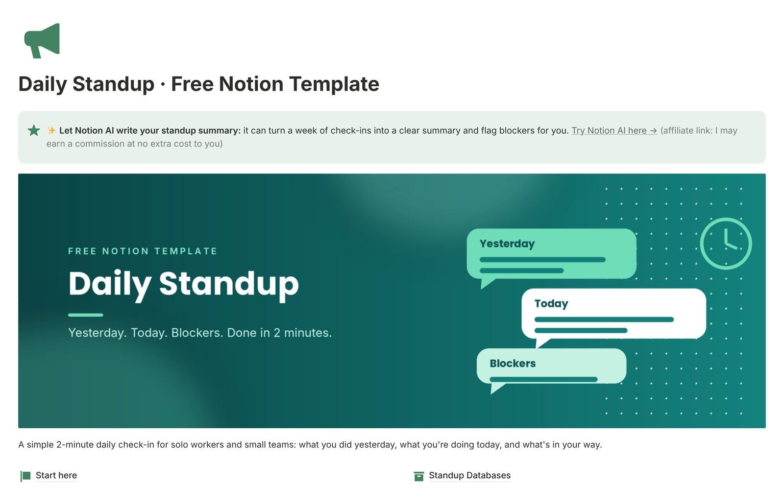 Daily Standup Notion template home page