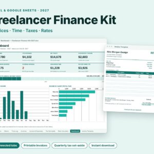 Freelancer finance kit spreadsheet: invoices, time, tax