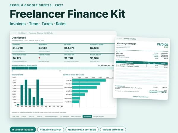 Freelancer finance kit spreadsheet: invoices, time, tax