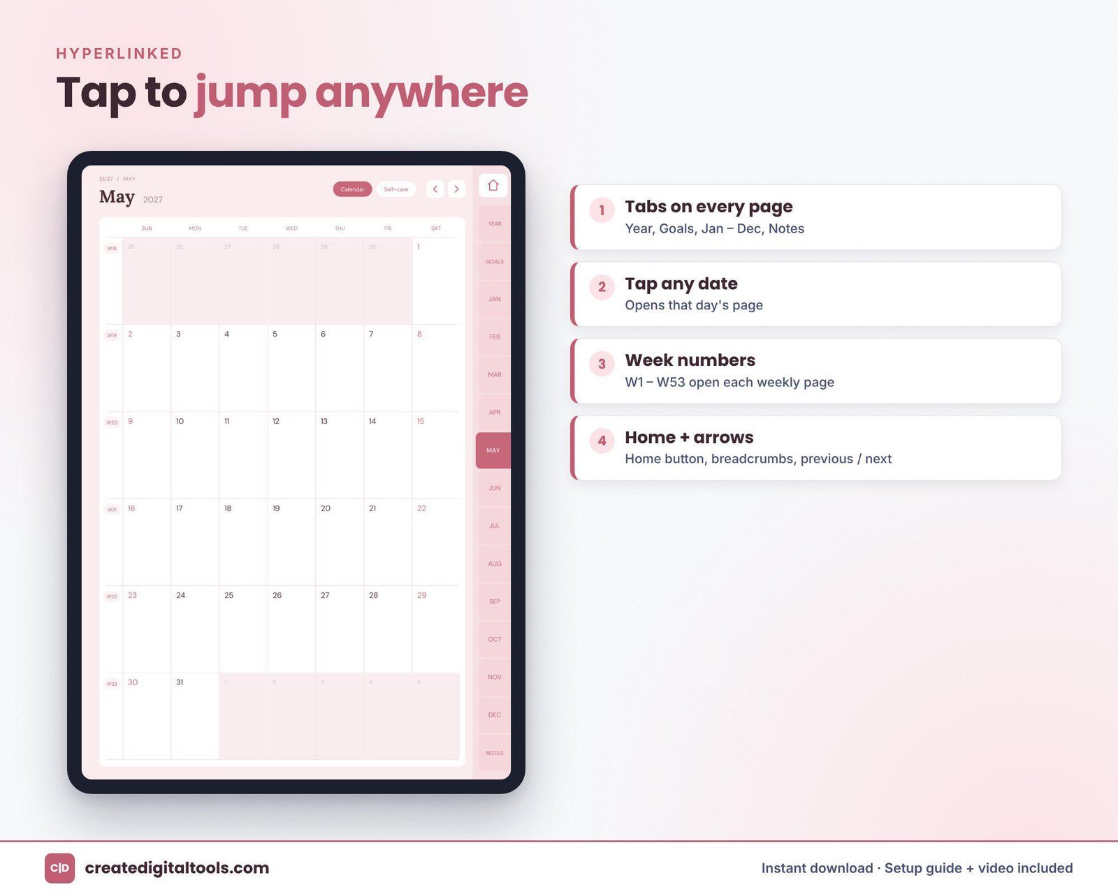 Vertical weekly layout and gratitude daily page in a blush portrait digital planner