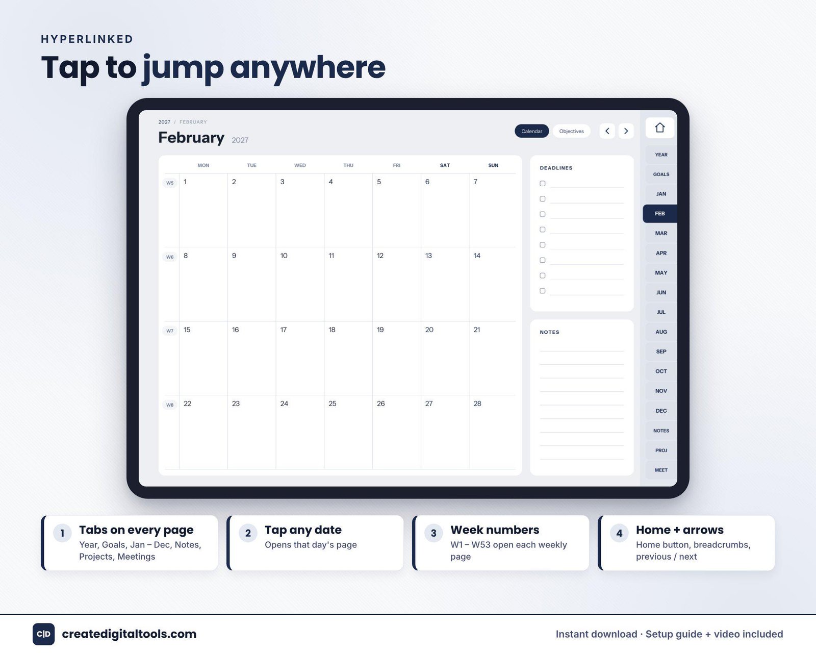 Time-blocked weekly page with hourly grid in a navy 2027 iPad work planner