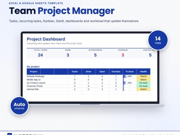 Team Project Manager Spreadsheet (Excel & Google Sheets)