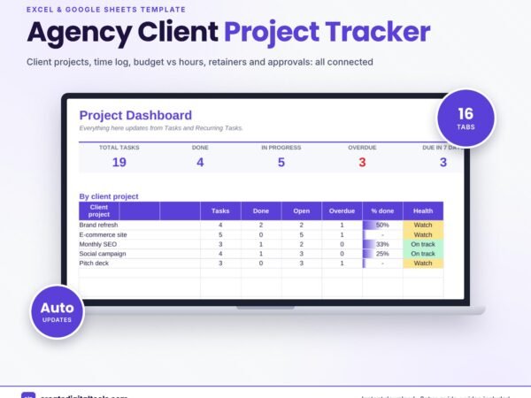 Agency Client Project Tracker Spreadsheet (Excel & Google Sheets)
