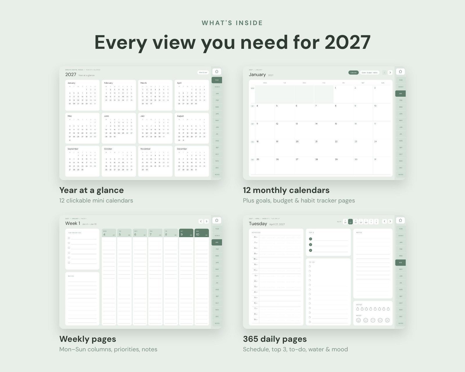 Landscape monthly calendar with hyperlinked tabs in a sage green iPad planner