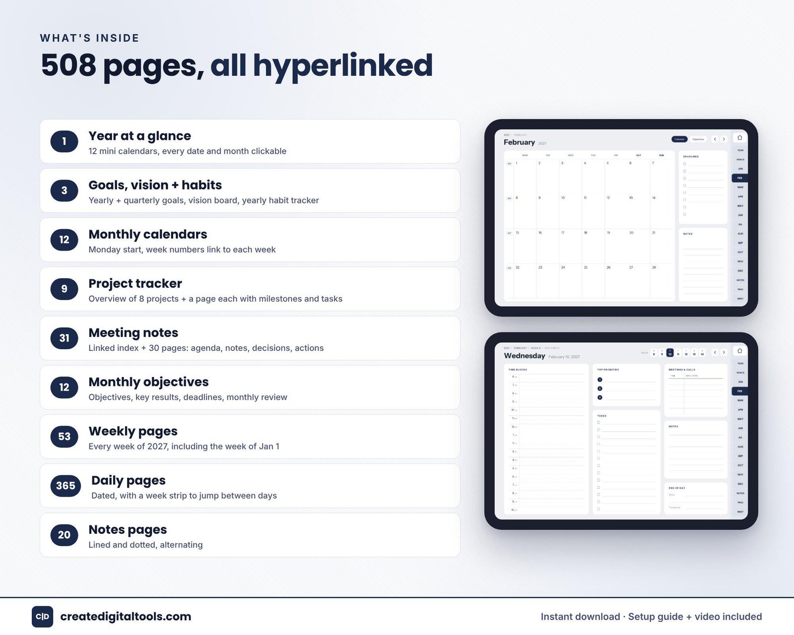 Project tracker and meeting notes pages in a 2027 professional digital work planner