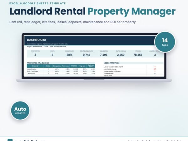 Landlord Rental Property Manager spreadsheet dashboard on a laptop