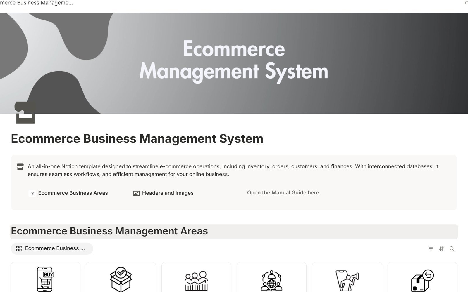 Ecommerce Business Management System dashboard in Notion