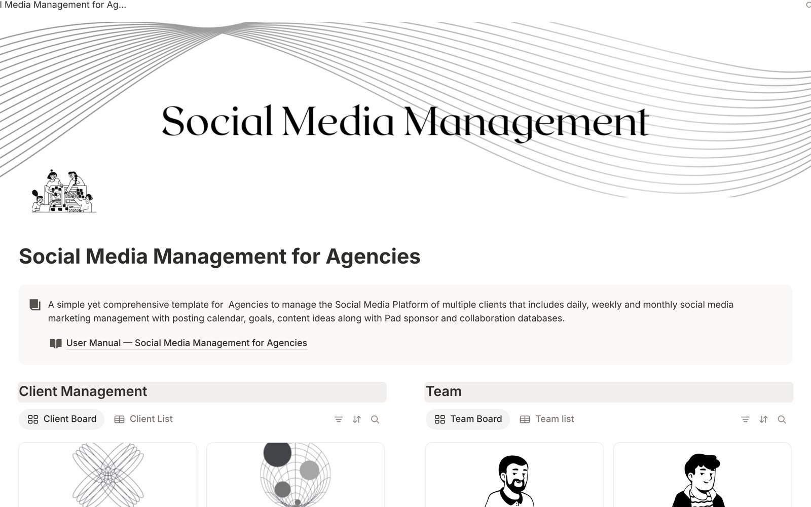 Social Media Management for Agencies dashboard in Notion