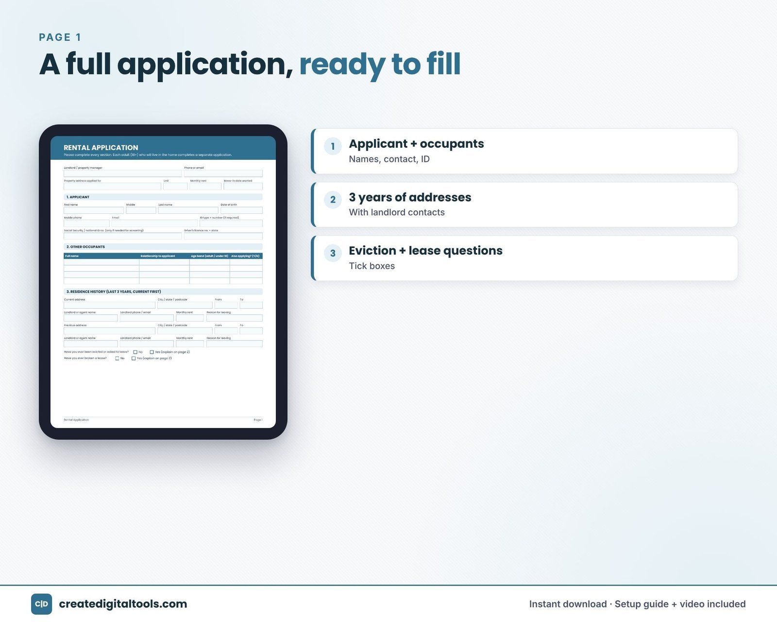 Three-page fillable rental application PDF form with applicant and employment fields