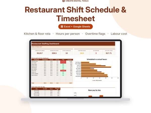 Restaurant Shift Schedule & Timesheet spreadsheet cover