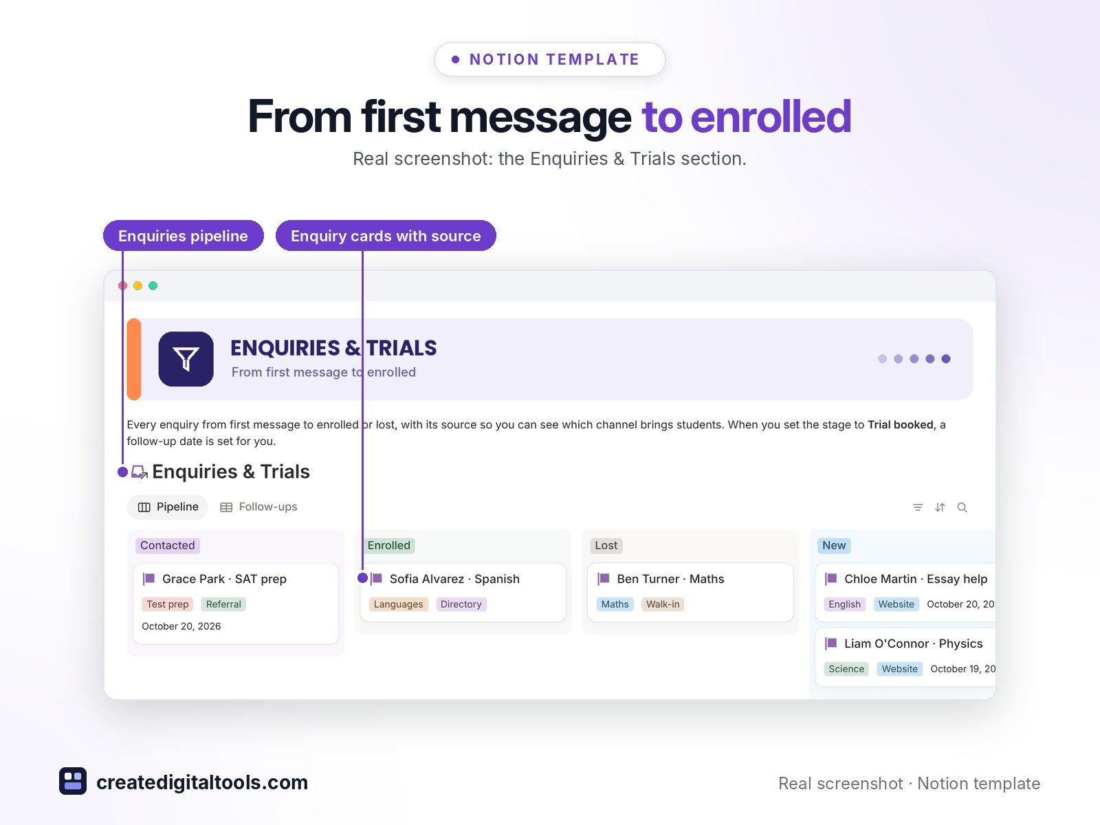 Tutor & Learning Center HQ Notion template: From first message to enrolled. Real screenshot: the Enquiries & Trials section.