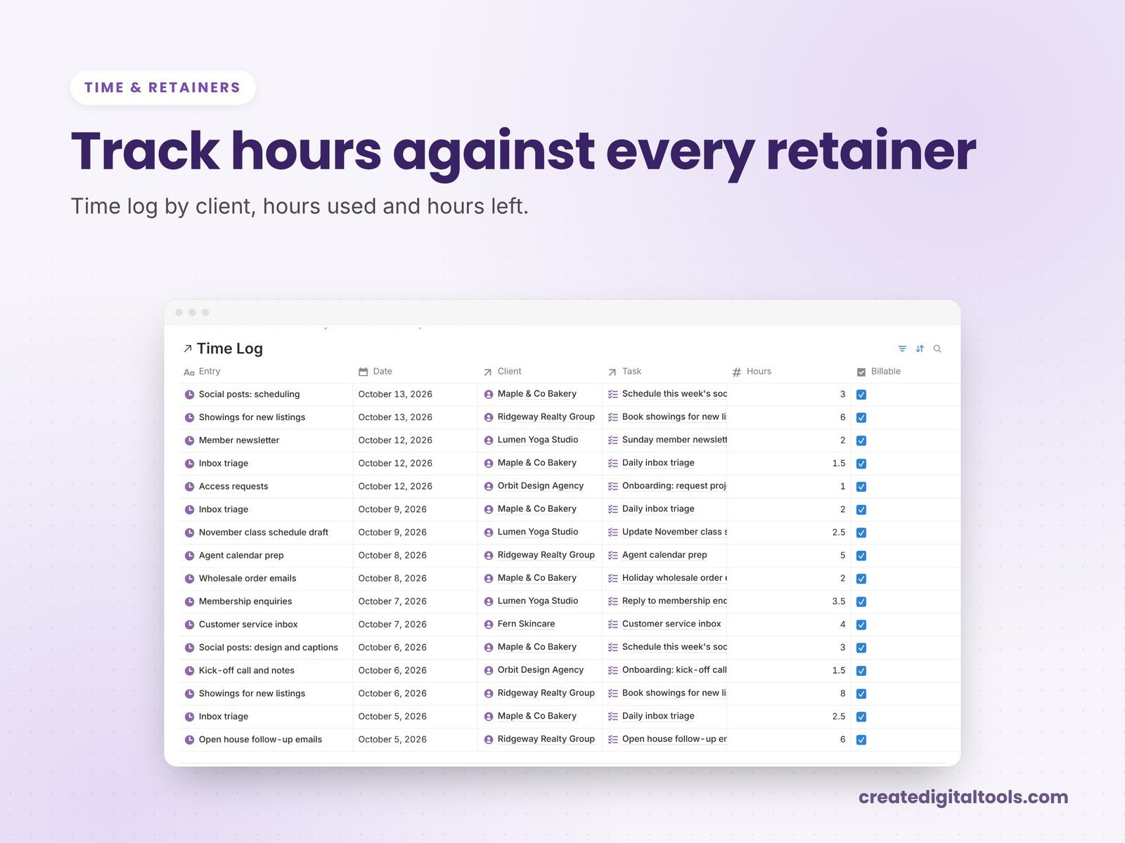 Time and retainers hub in Virtual Assistant Studio OS with hours remaining per client